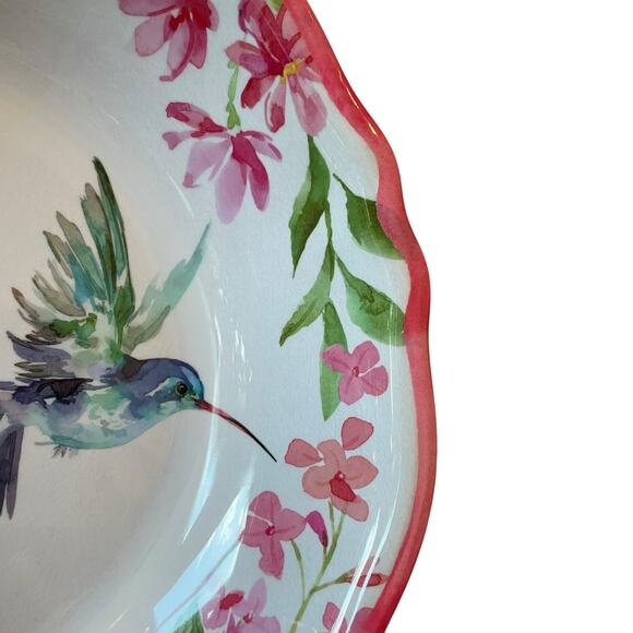 Soho Loft Hummingbird Pink Floral Melamine Serving Bowl 14" Round Scalloped New - Picture 5 of 10